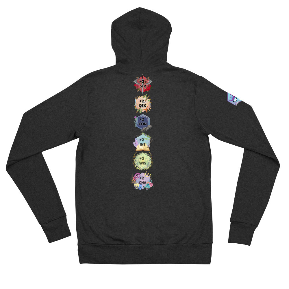 “Invincible” D20 Stats unisex zip Hoodie